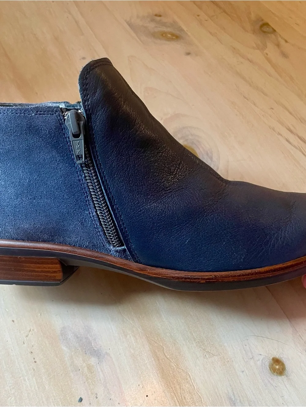 Naot Women's Navy Leather & Suede Ankle Booties with Side Zipper.